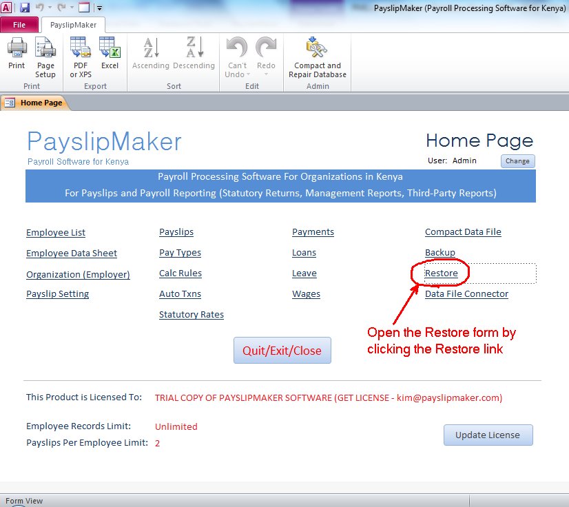 Screenshot showing step 1 of restoring a PayslipMaker backup