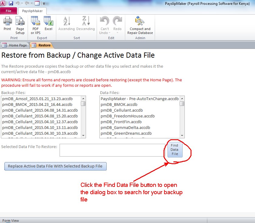 Screenshot showing step 2 of restoring a PayslipMaker backup