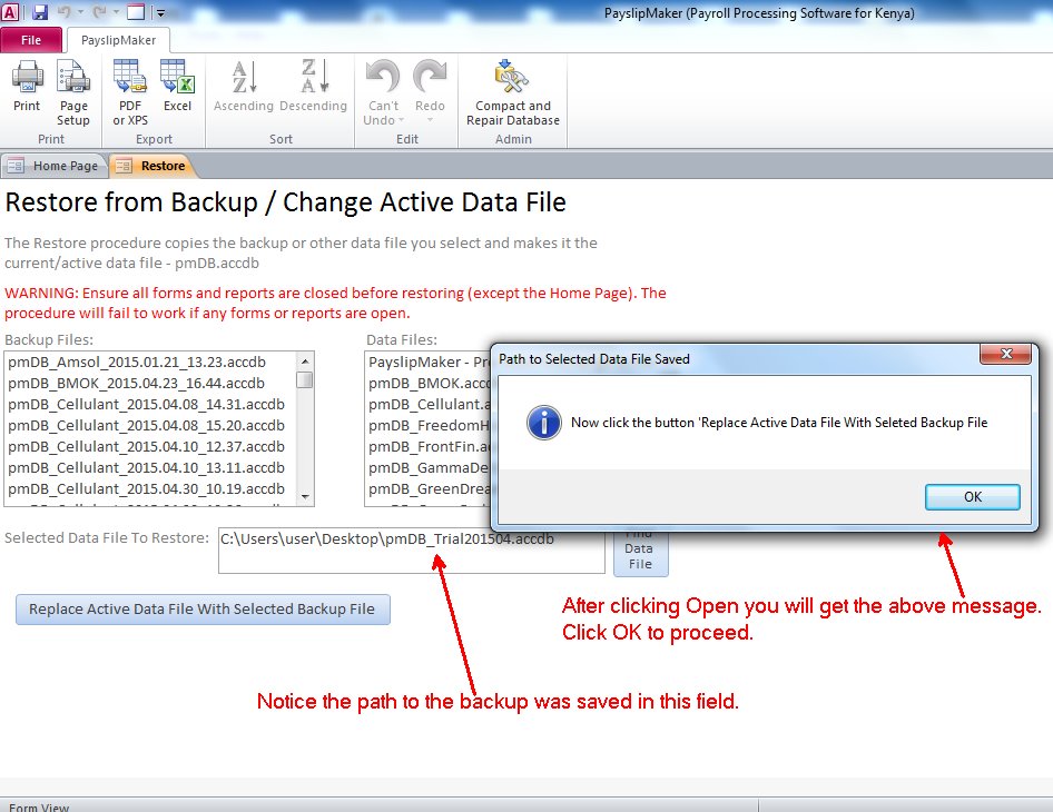 Screenshot showing step 4 of restoring a PayslipMaker backup