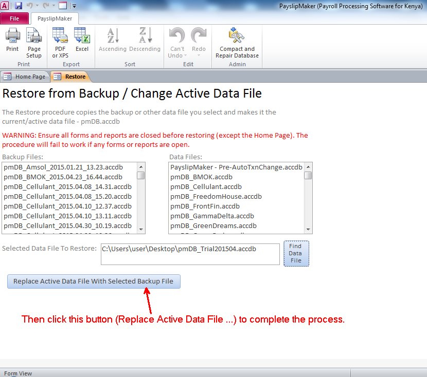 Screenshot showing step 5 of restoring a PayslipMaker backup
