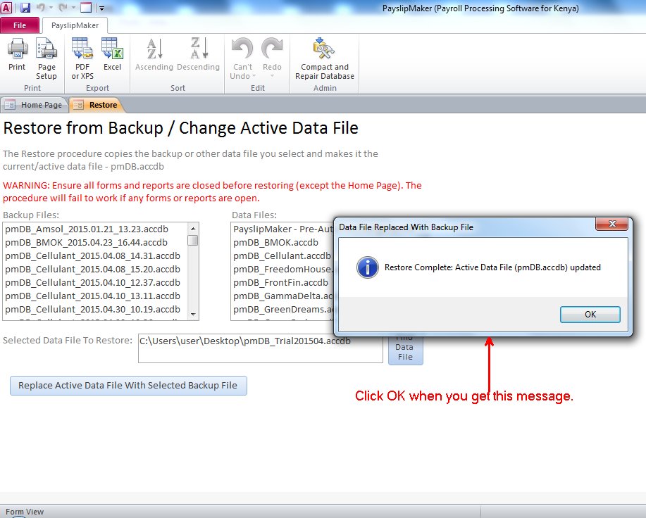Screenshot showing step 6 of restoring a PayslipMaker backup