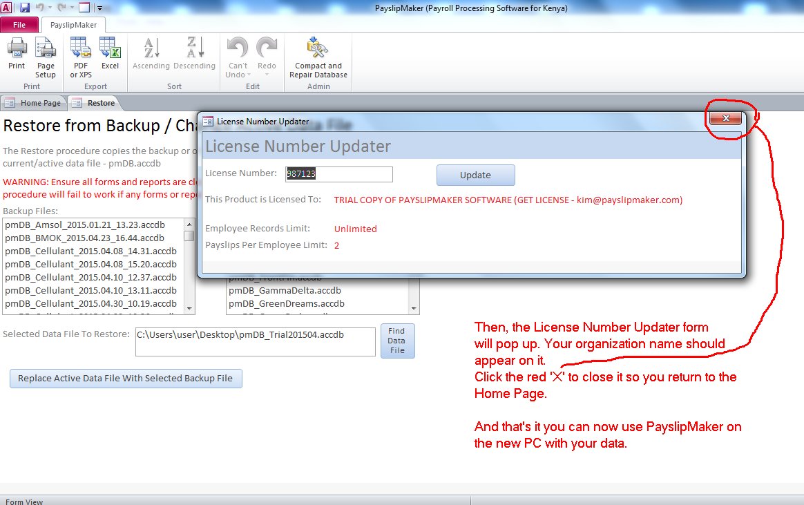 Screenshot showing step 7 of restoring a PayslipMaker backup